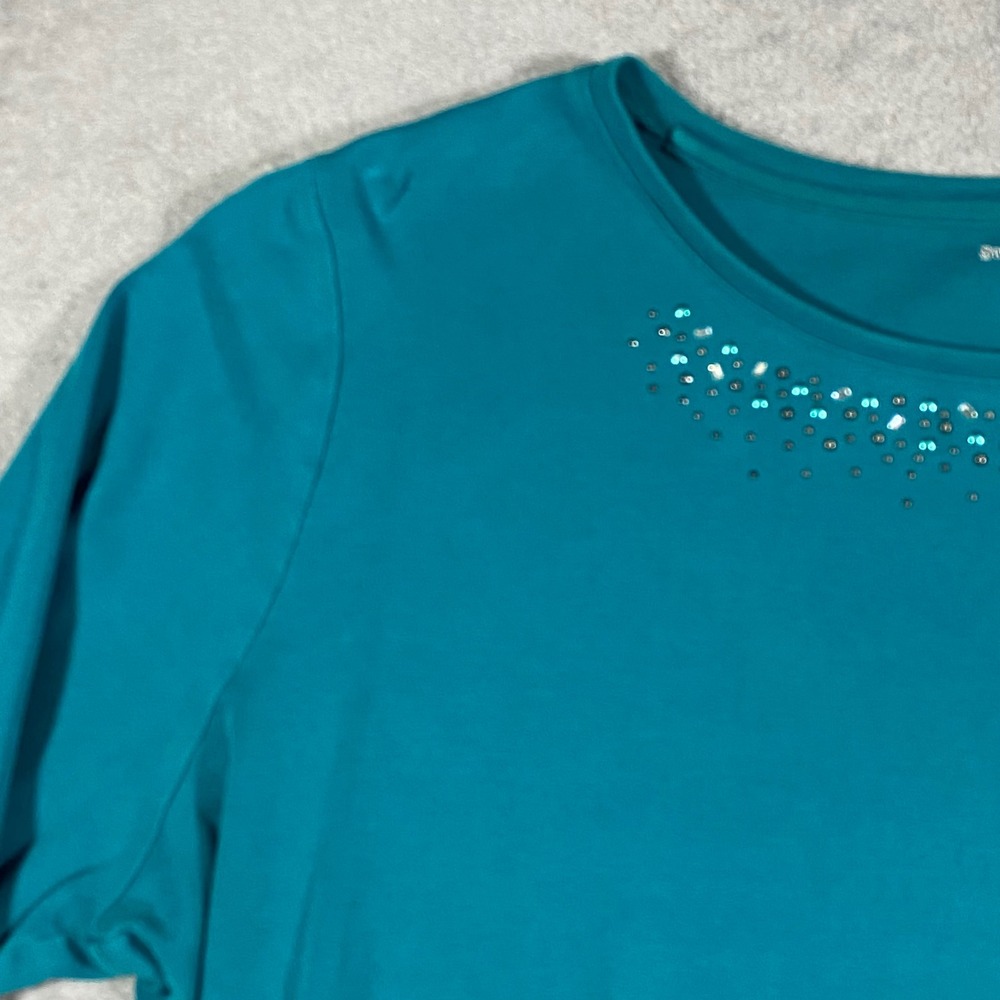 Studio Works Embellished Top Women XL Teal Blue Long Sleeve Rhinestone Cotton - Picture 3 of 14